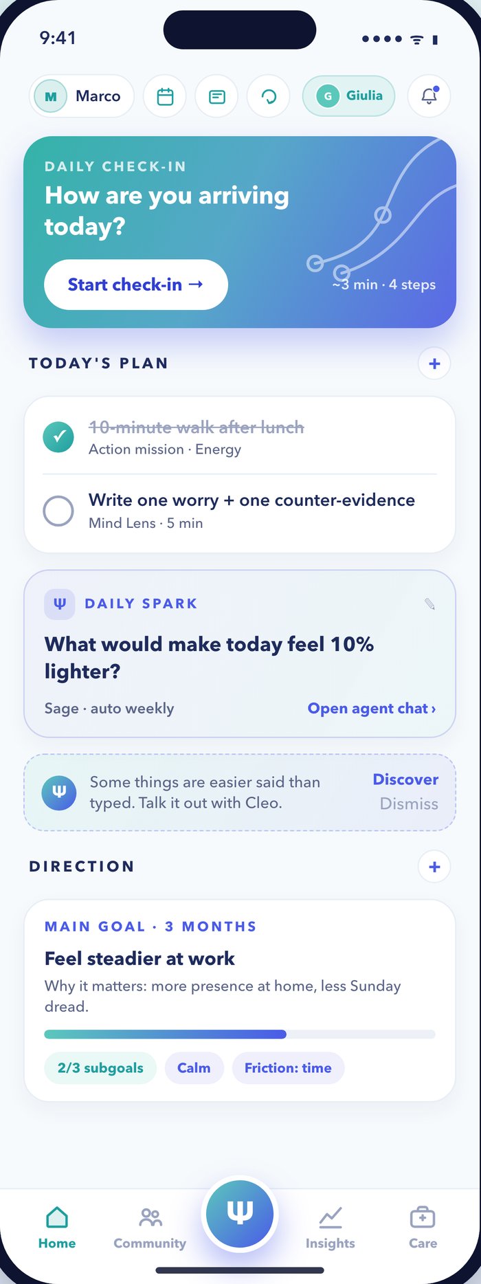 WeSelf app — home, today's plan and direction